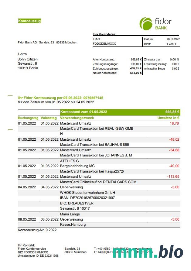 Niemcy Holenderski wyciąg bankowy 3-6 miesięcy Word i PDF przykład